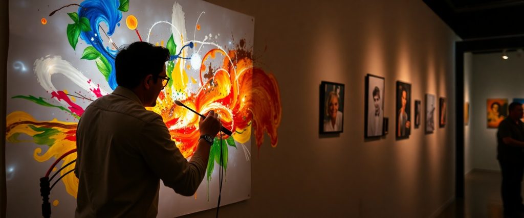 Artist creating vibrant mural in gallery.